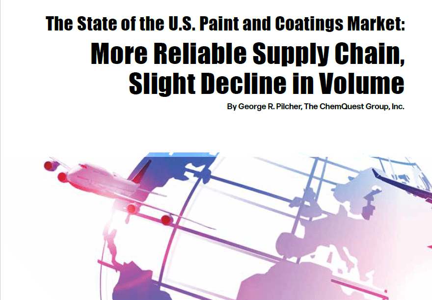 Opening image of CoatingsTech article The State of the U.S. Paint and Coatings Market: More Reliable Supply Chain, Slight Decline in Volume showing a globe and an airplane